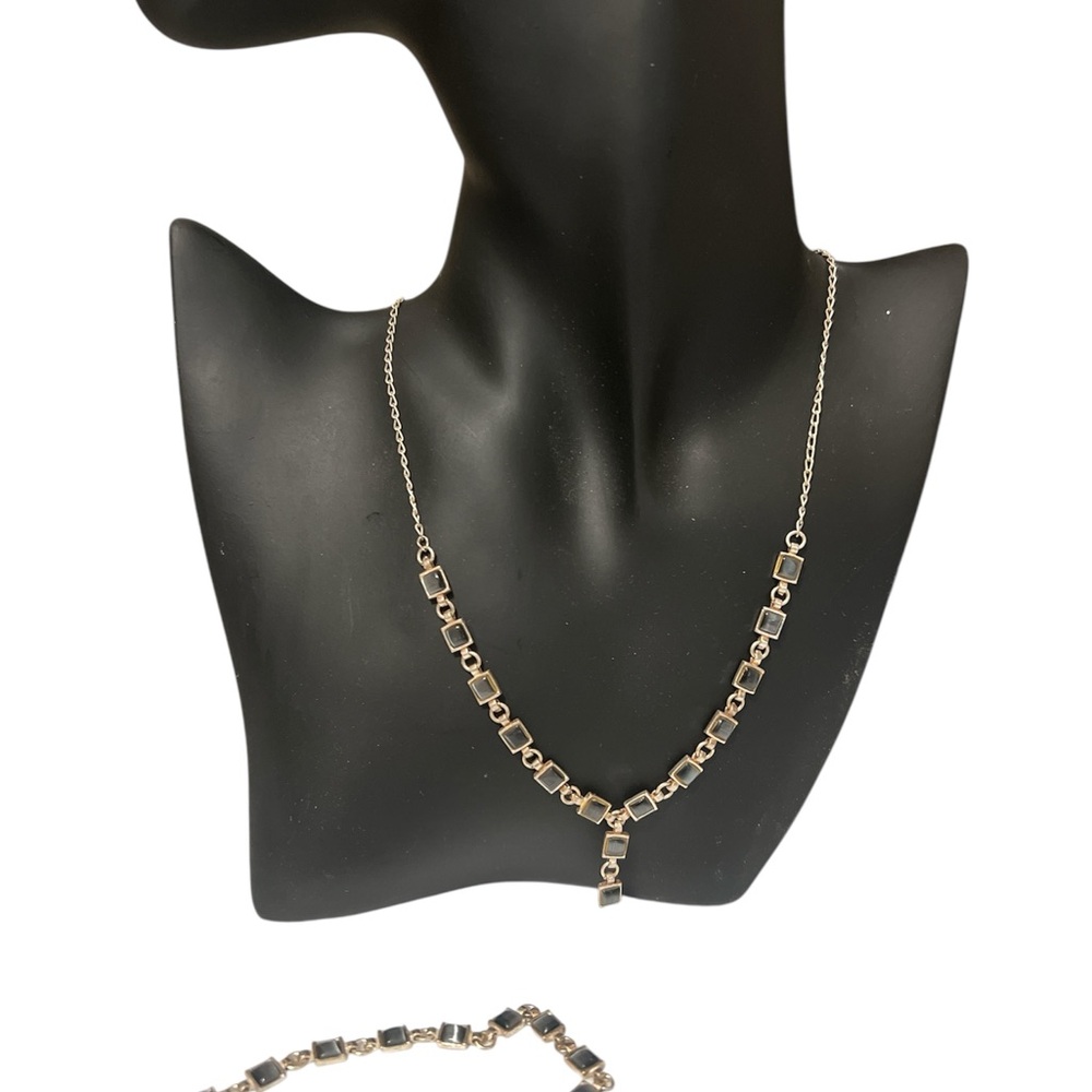 Elegant Sterling Silver and Black Square Link Necklace and bracelet
